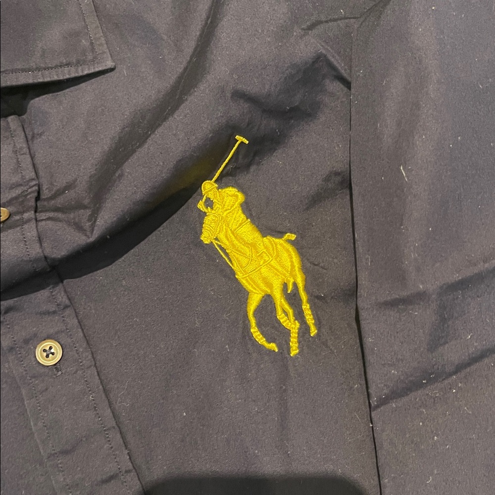 Ralph Lauren Women's Dark Blue Button Down Shirt with Yellow Emblem Size 10 - Picture 3 of 4